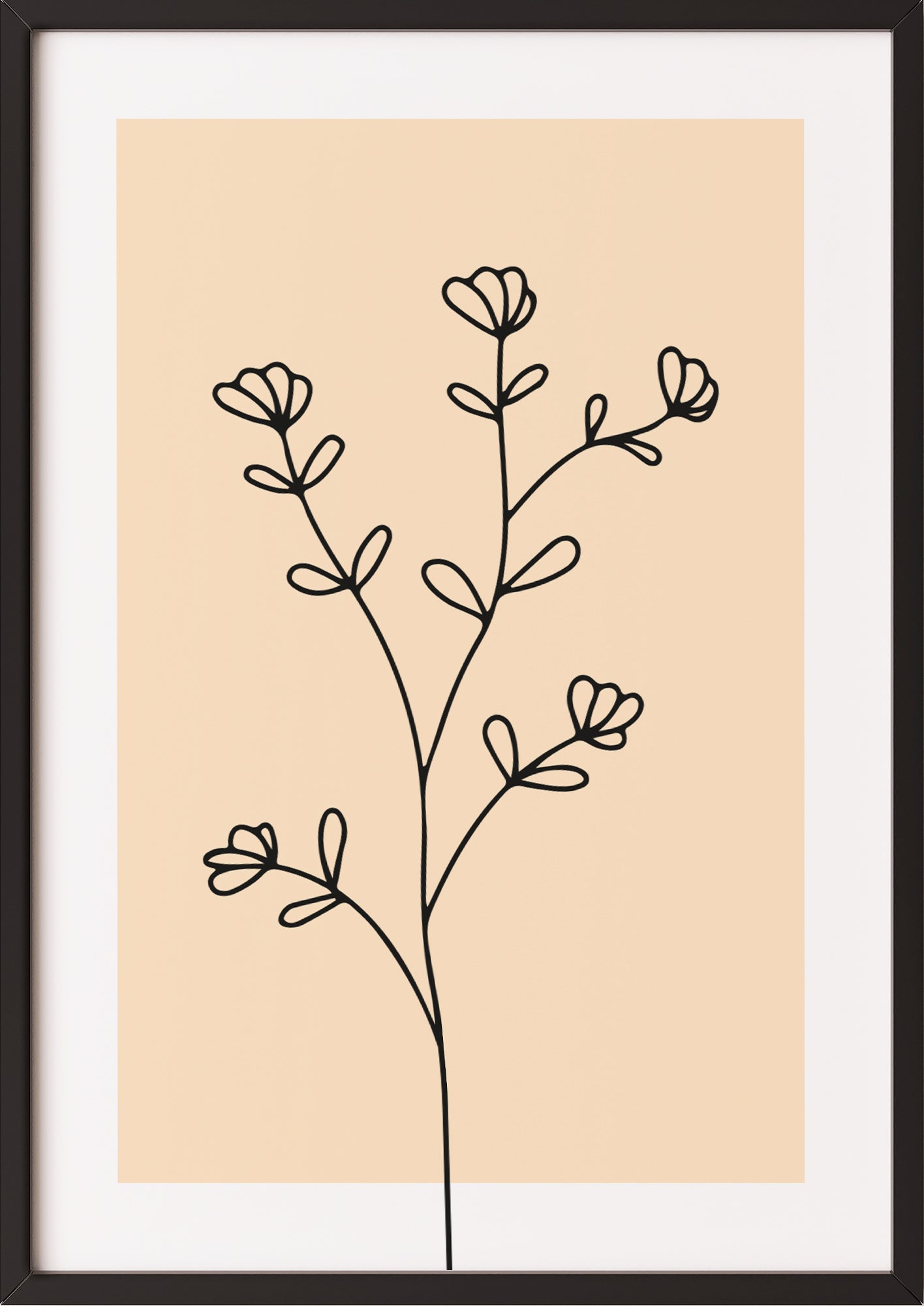 Poster „Line Art Blütenzweig“ in schwarzem Holzrahmen