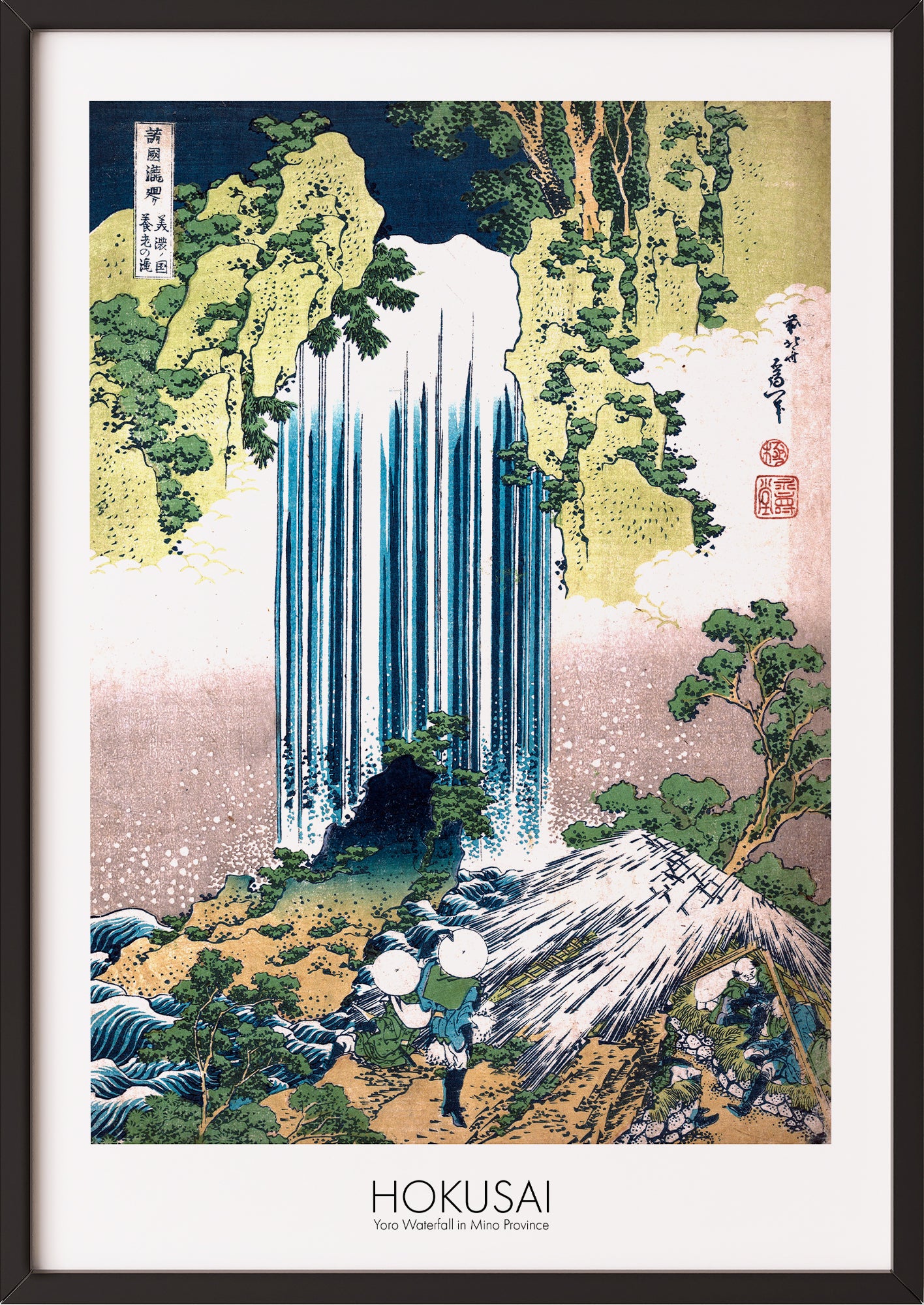 Frau hängt Yoro Waterfall in Mino Province von Hokusai als Poster in schwarzem Rahmen an die Wand