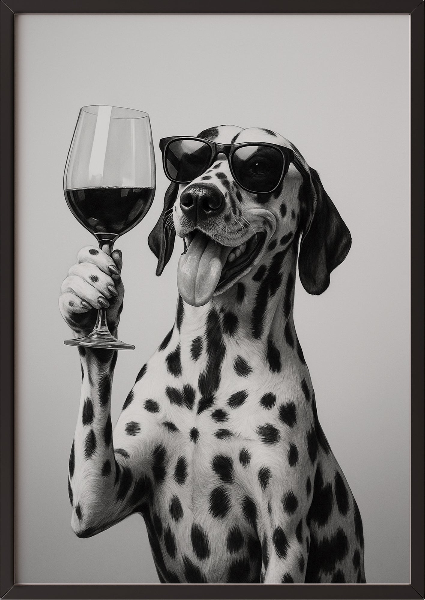 Poster: Dalmatiner mit Sonnenbrille und Rotwein im schwarzen Rahmen