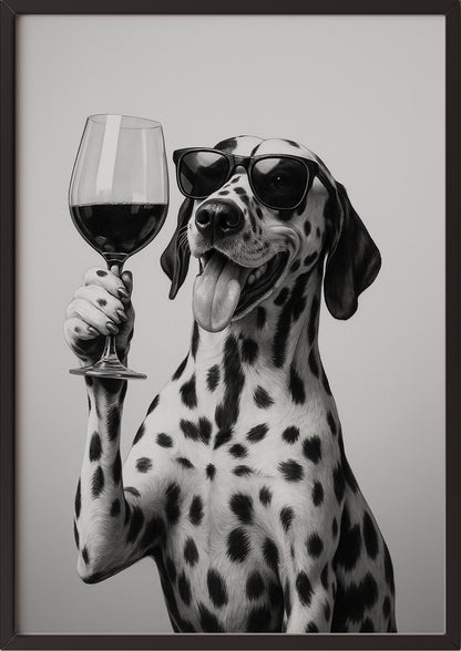 Poster: Dalmatiner mit Sonnenbrille und Rotwein im schwarzen Rahmen