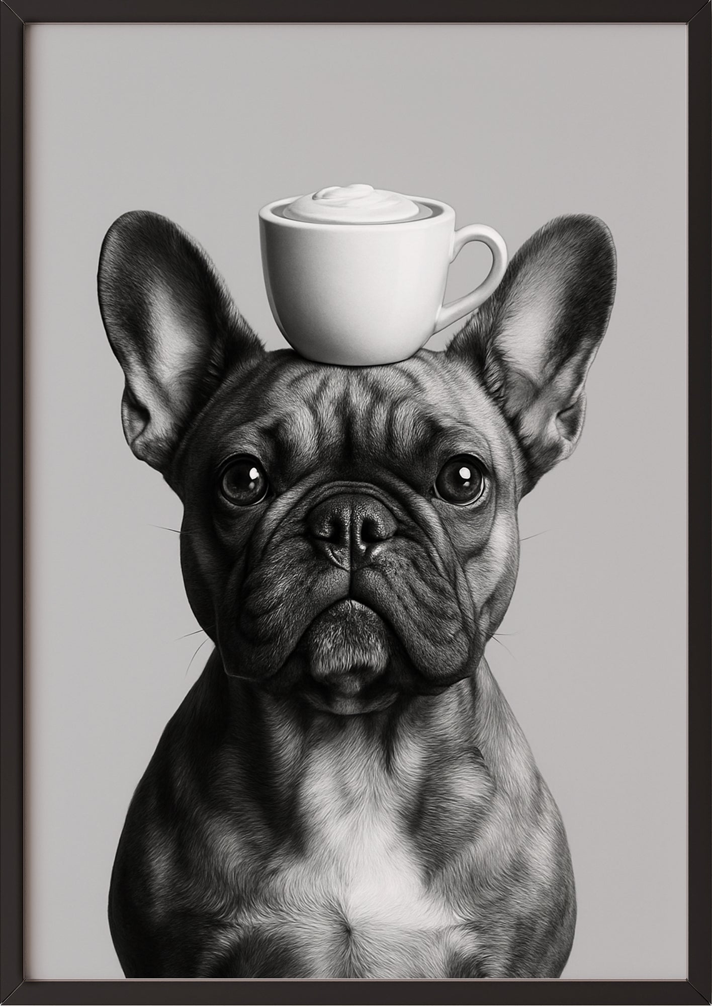 Poster der französischen Bulldogge mit Kaffeetasse im schwarzen Rahmen an einer weißen Wand