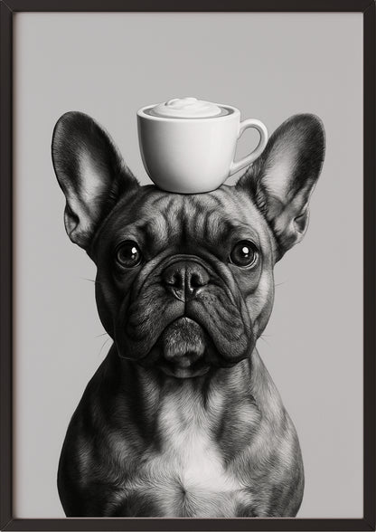 Poster der französischen Bulldogge mit Kaffeetasse im schwarzen Rahmen an einer weißen Wand