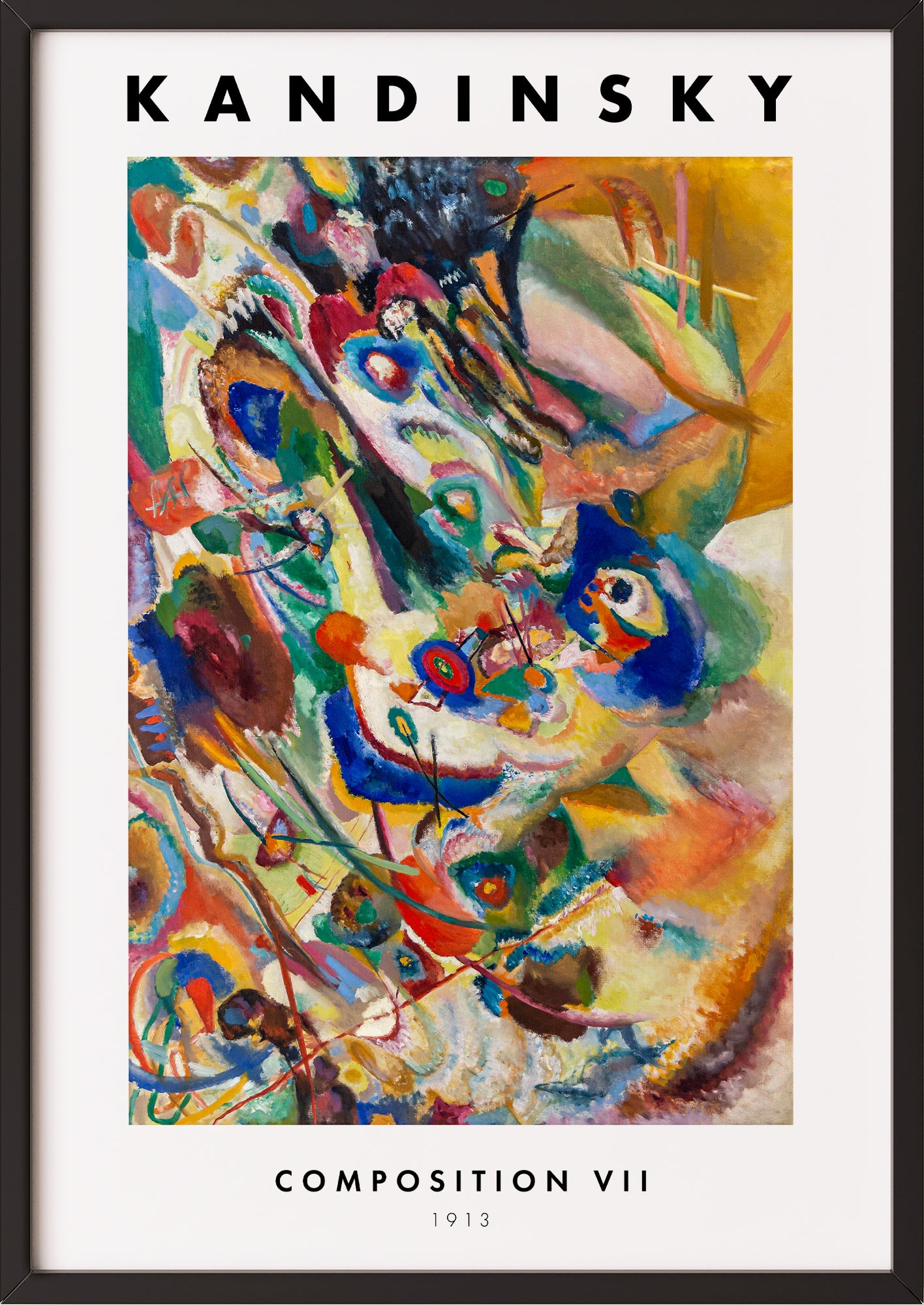 Frau hängt Composition VII von Wassily Kandinsky als Poster in schwarzem Rahmen an die Wand