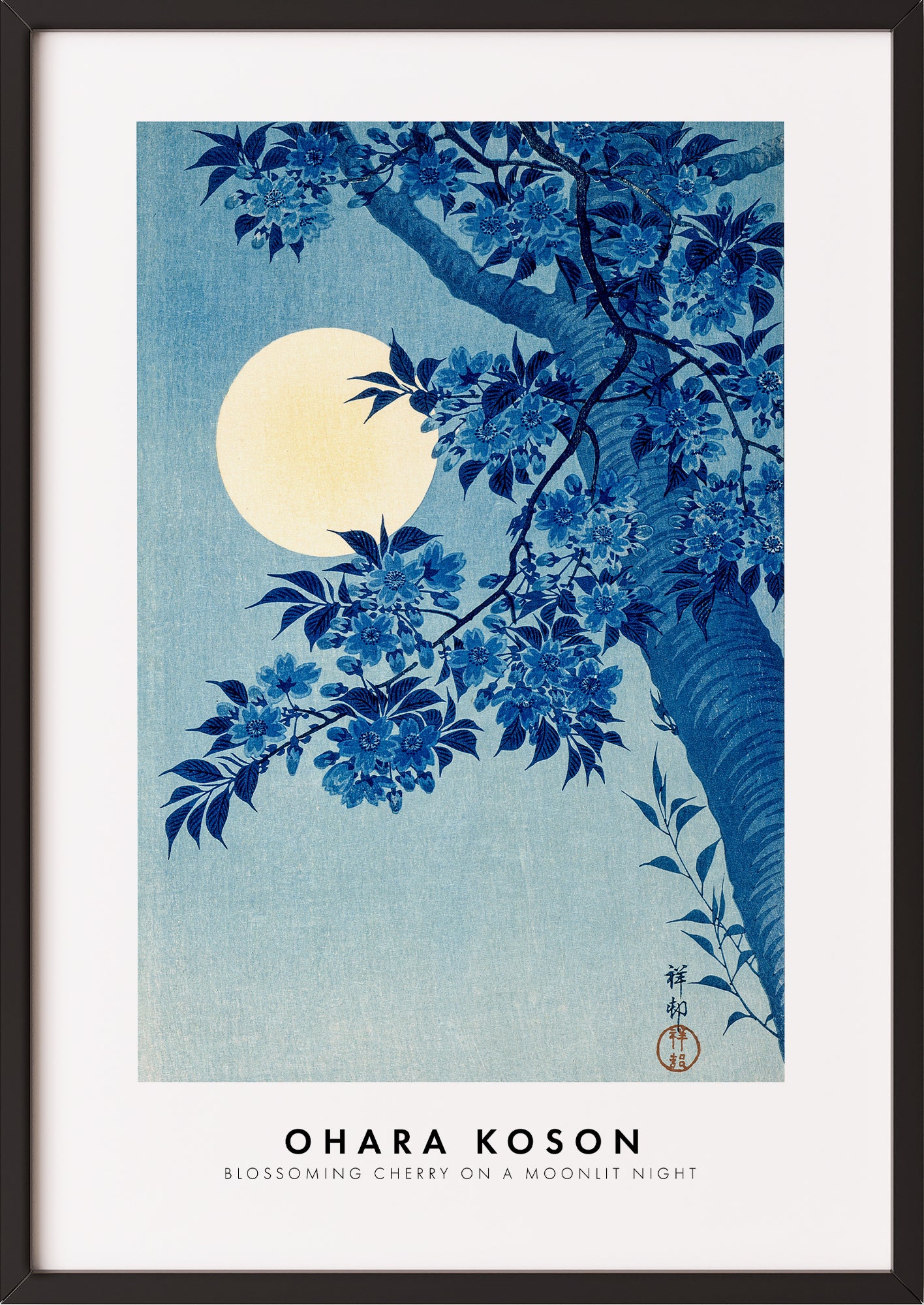 Frau hängt Blossoming Cherry on a Moonlit Night von Ohara Koson als Poster in schwarzem Rahmen an die Wand