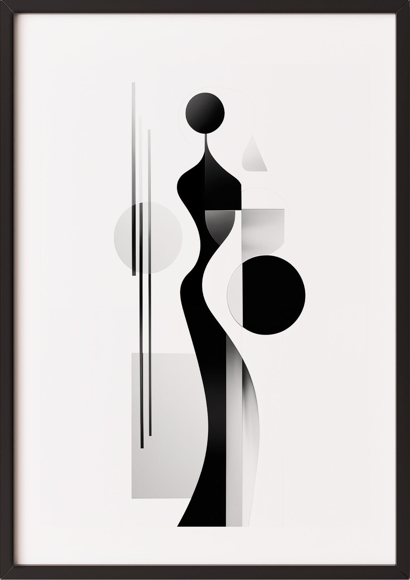 Geometrische Schwarz-Weiß-Figur im schwarzen Holzrahmen, moderne Wandkunst