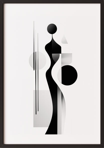Geometrische Schwarz-Weiß-Figur im schwarzen Holzrahmen, moderne Wandkunst