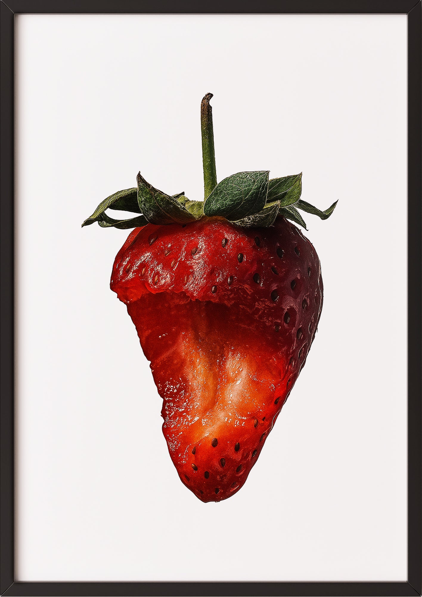 Angebissene Erdbeere Kunstdruck mit schwarzem Rahmen – stilvolles Frucht Poster
