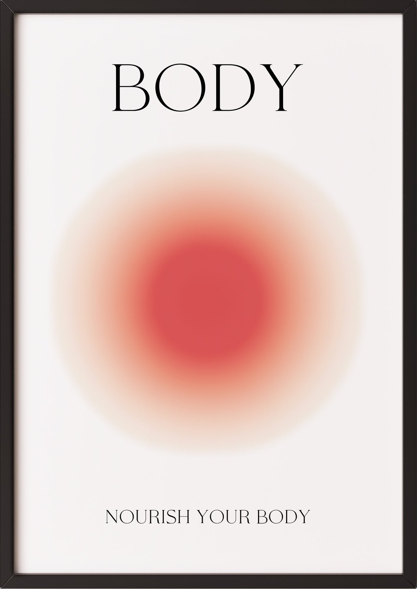 Gerahmter Kunstdruck mit roter Lichtaura und der Aufschrift Body, an eine Wand gelehnt