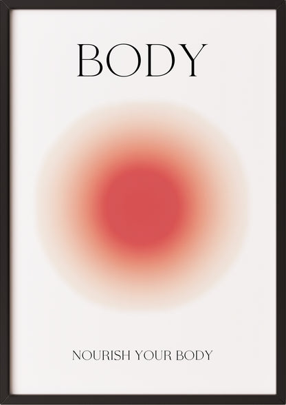 Gerahmter Kunstdruck mit roter Lichtaura und der Aufschrift Body, an eine Wand gelehnt