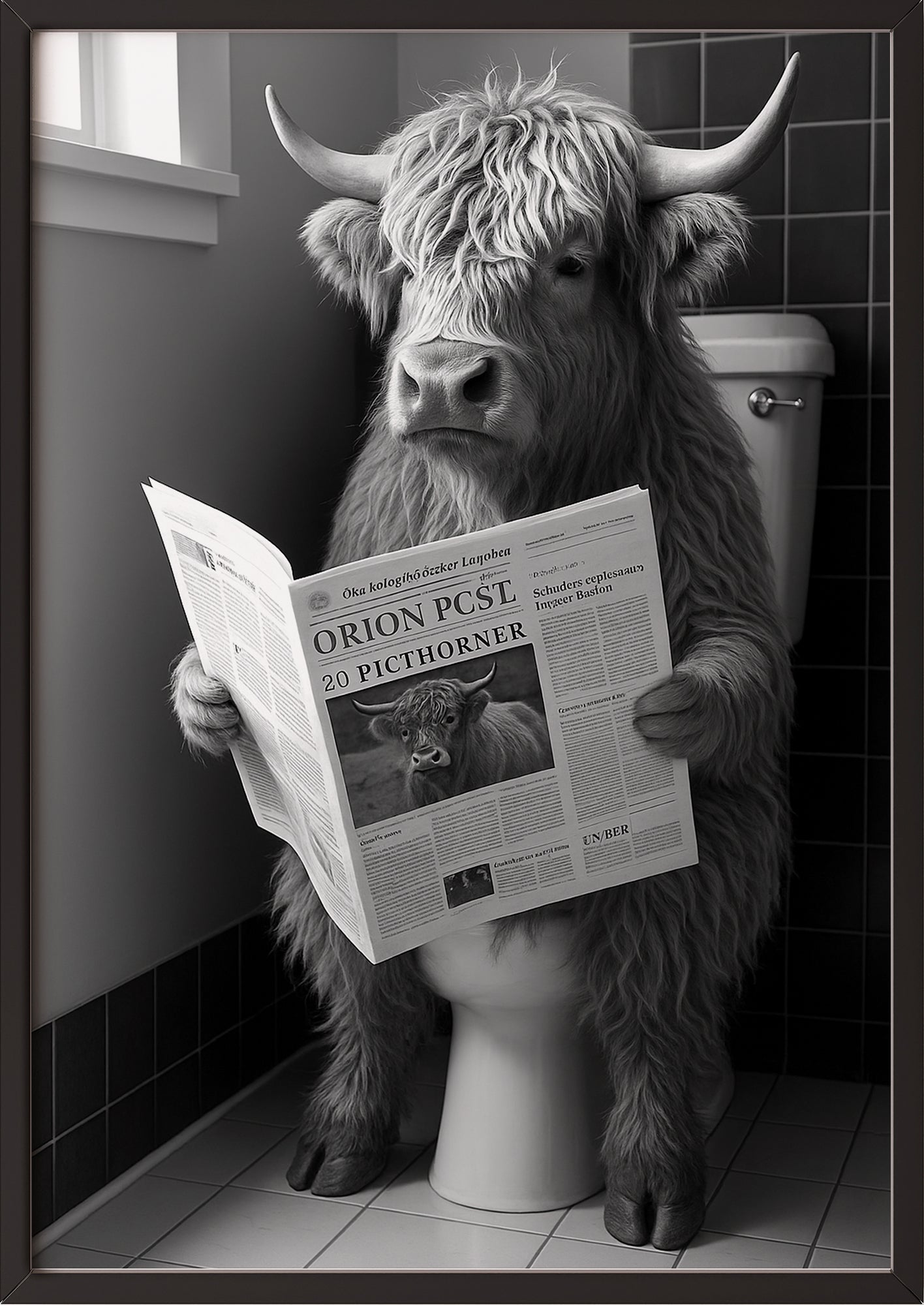 Hochlandrind auf Toilette Bild in schwarzem Rahmen an der Wand