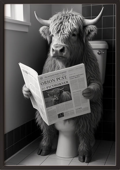 Hochlandrind auf Toilette Bild in schwarzem Rahmen an der Wand