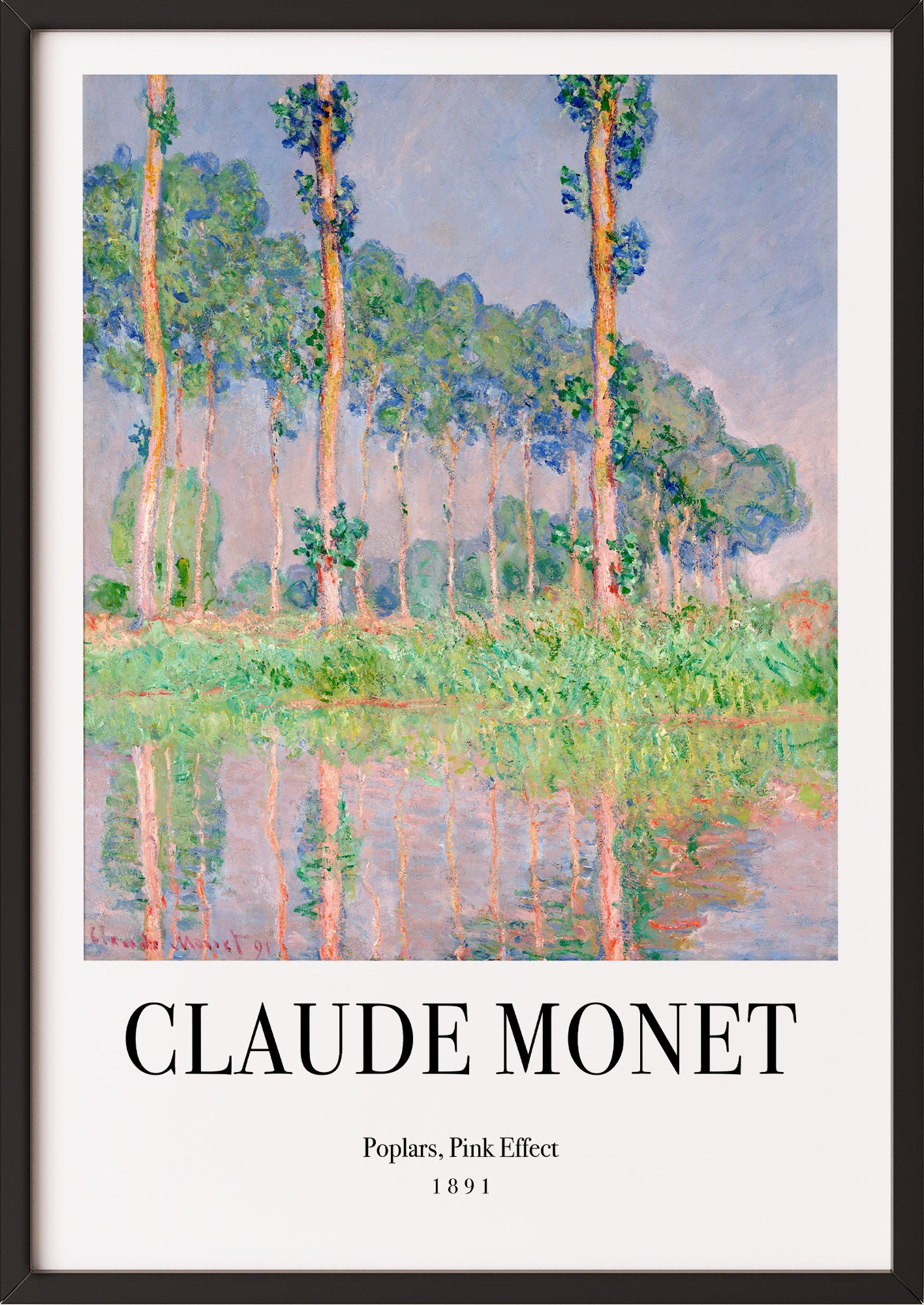 Frau hängt Poplars, Pink Effect von Claude Monet als Poster in schwarzem Rahmen an die Wand