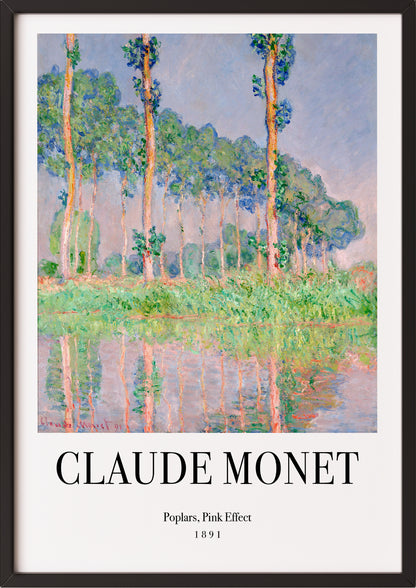 Frau hängt Poplars, Pink Effect von Claude Monet als Poster in schwarzem Rahmen an die Wand