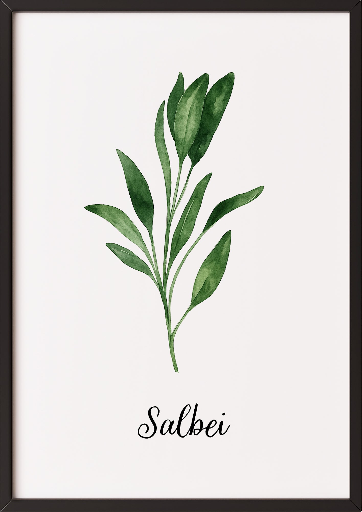 Gerahmtes Poster mit Salbeizweig, angelehnt an ruhige Wand