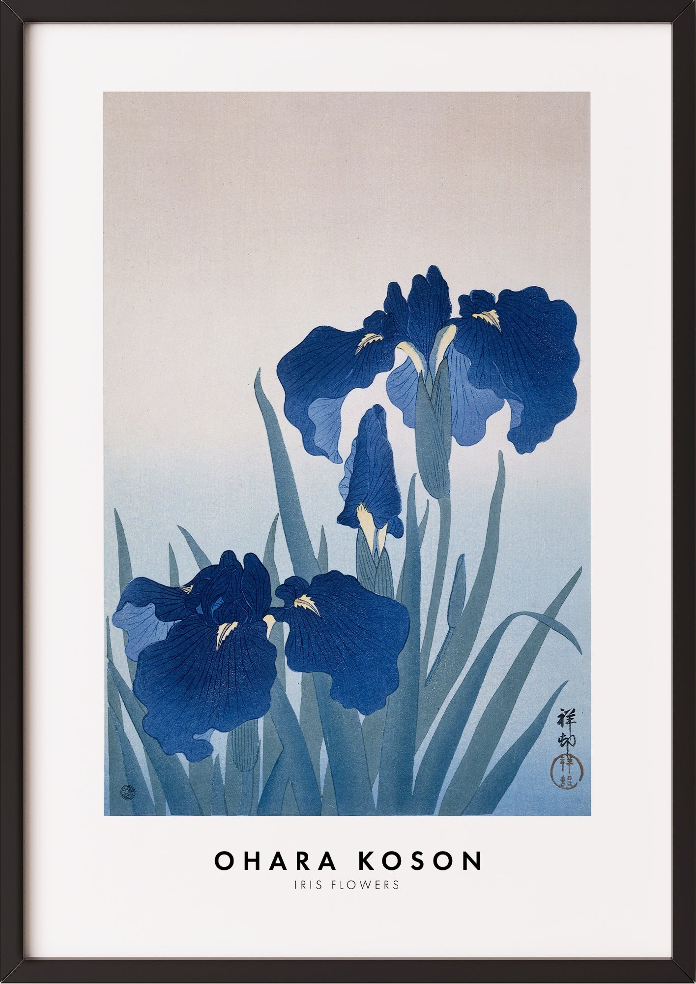 Frau hängt Iris Flowers von Ohara Koson als Poster in schwarzem Rahmen an die Wand