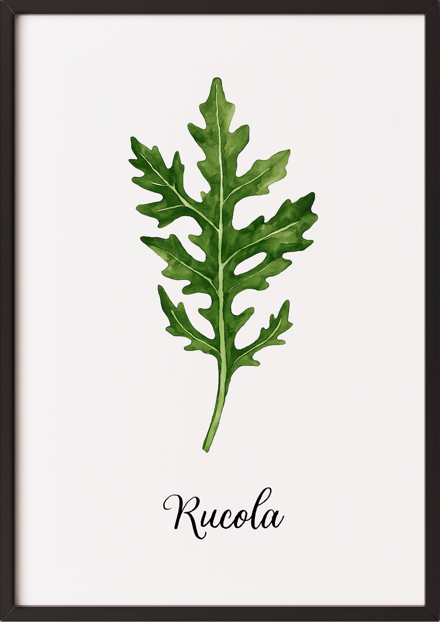 Botanisches Rucolaposter im schwarzen Rahmen, angelehnt an Küchenwand