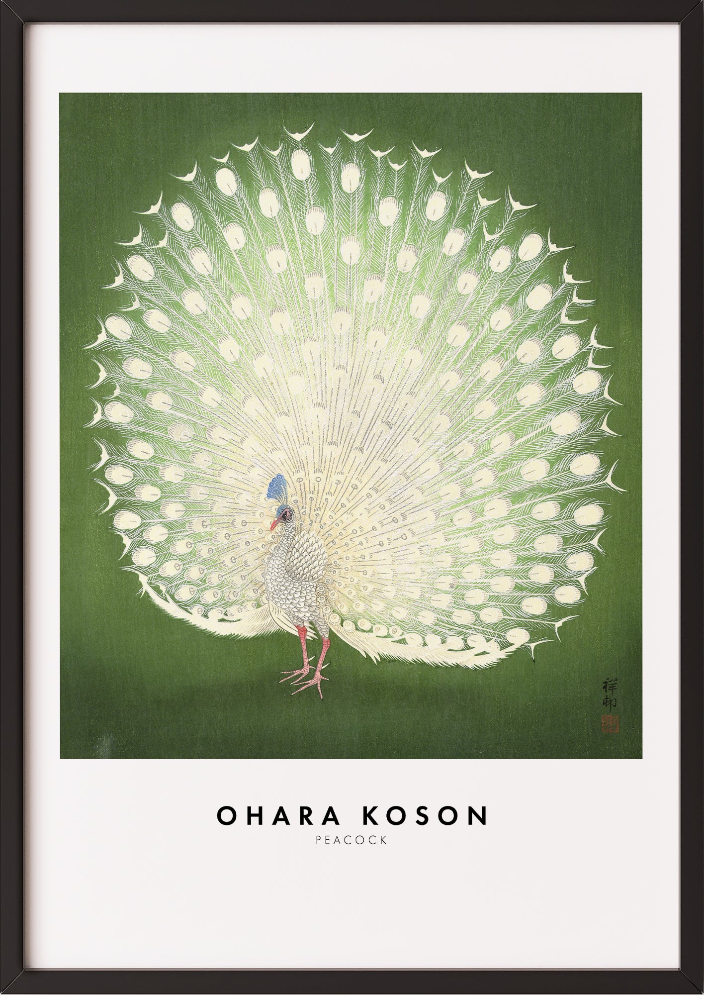 Frau hängt Peacock von Ohara Koson als Poster in schwarzem Rahmen an die Wand