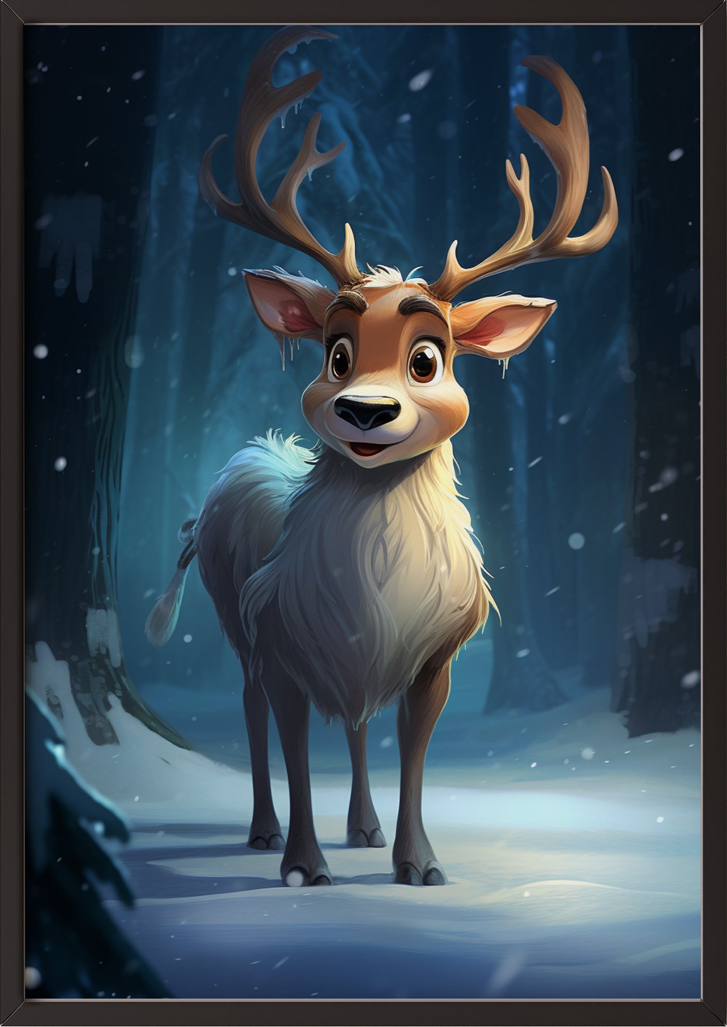 Weihnachts-Rentierposter im schwarzen Holzrahmen, Cartoon-Stil