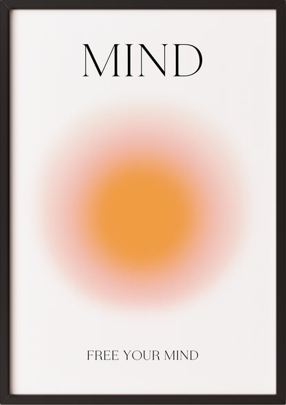 Farbposter mit Mind-Schriftzug, orange-pinker Lichtverlauf und schwarzer Rahmung