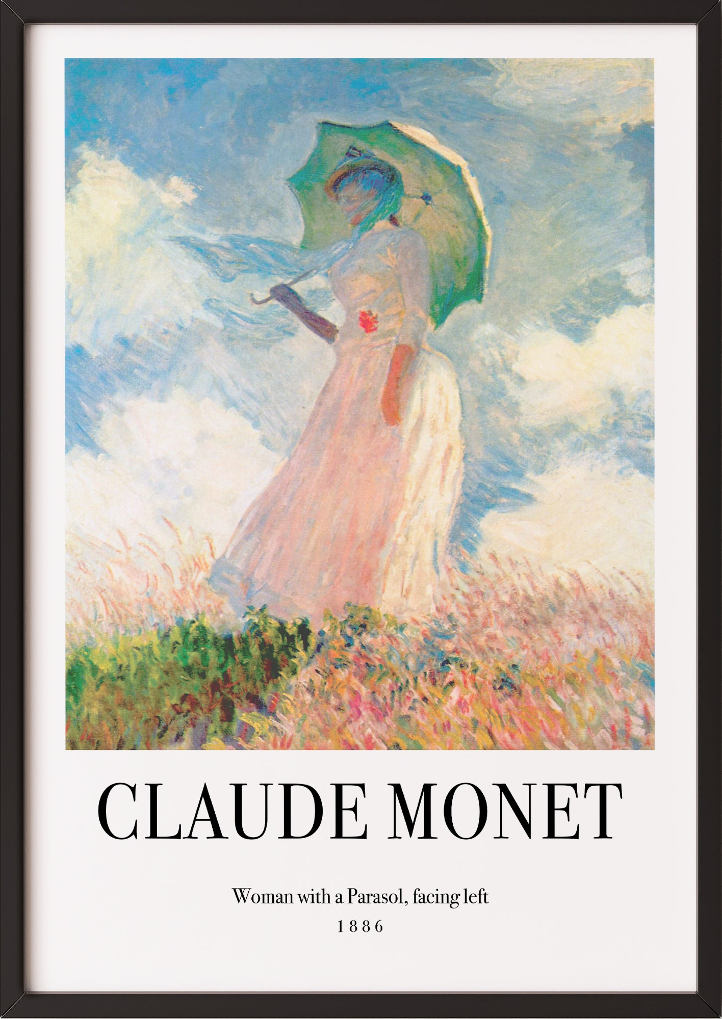 Frau hängt Woman with a Parasol, facing left von Claude Monet als Poster in schwarzem Rahmen an die Wand