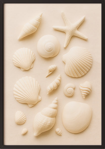 Muschelbild im schwarzen Rahmen an der Wand im minimalistischen Raum