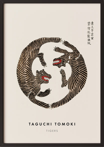 Frau hängt Tigers von Taguchi Tomoki als Poster in schwarzem Rahmen an die Wand