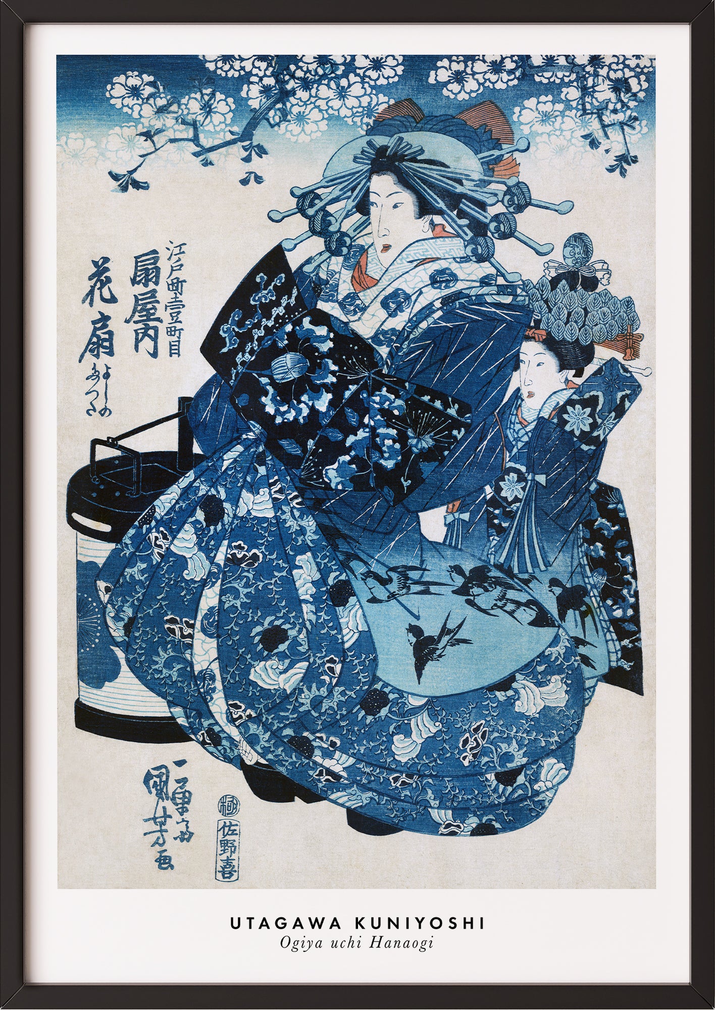 Frau hängt Ogiya uchi Hanaogi von Utagawa Kuniyoshi als Poster in schwarzem Rahmen an die Wand