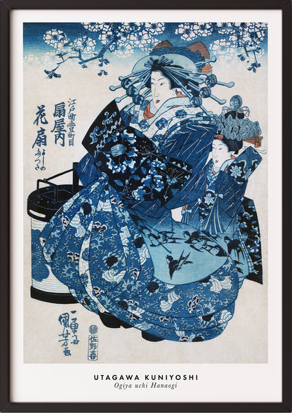 Frau hängt Ogiya uchi Hanaogi von Utagawa Kuniyoshi als Poster in schwarzem Rahmen an die Wand
