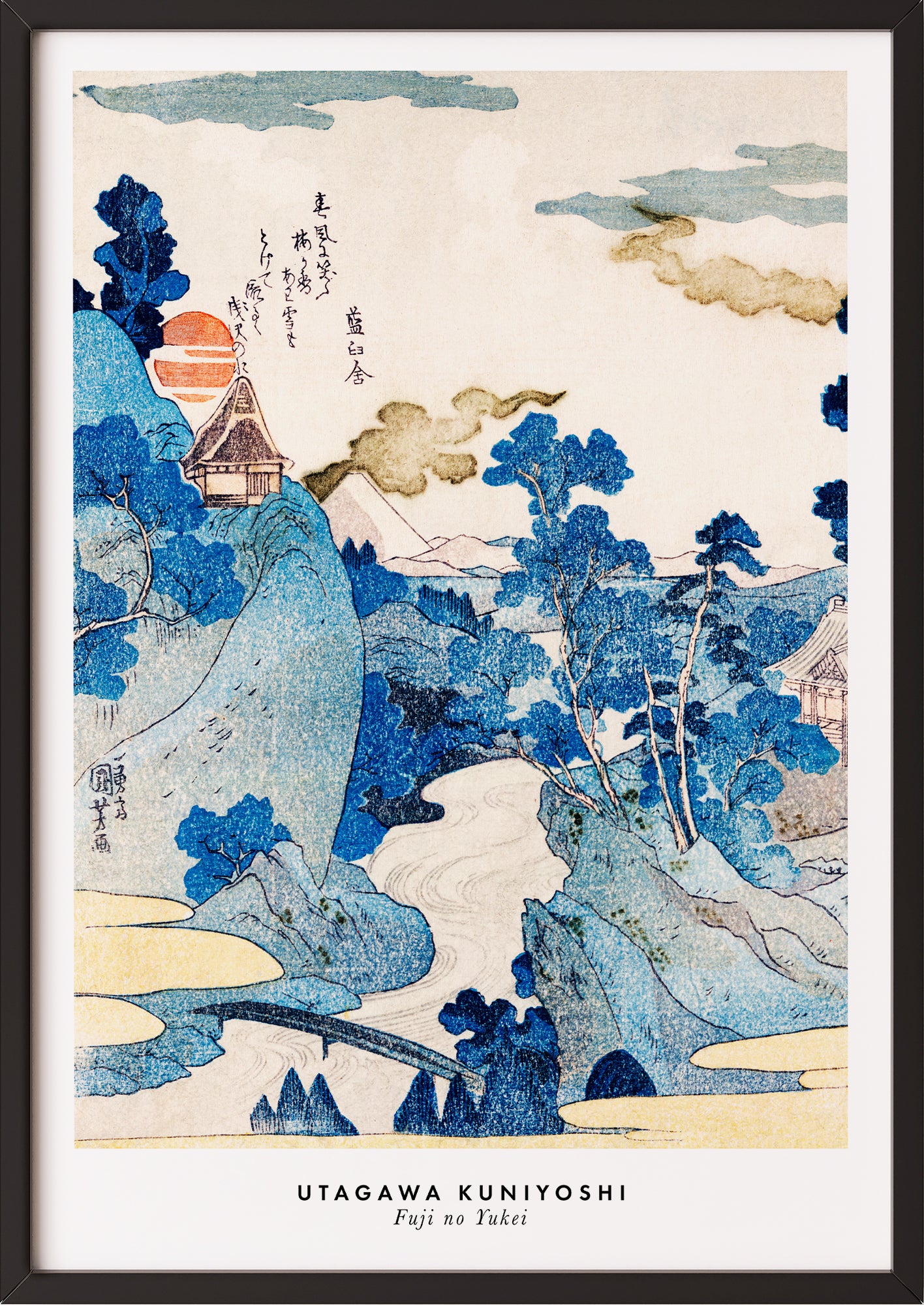 Frau hängt Fuji no Yukei von Utagawa Kuniyoshi als Poster in schwarzem Rahmen an die Wand
