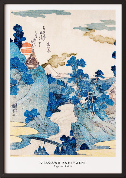 Frau hängt Fuji no Yukei von Utagawa Kuniyoshi als Poster in schwarzem Rahmen an die Wand