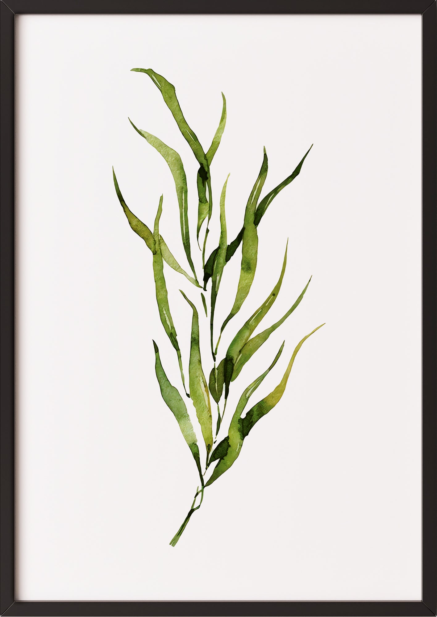 Poster mit grünem Aquarellzweig im schwarzen Rahmen vor hellem Untergrund
