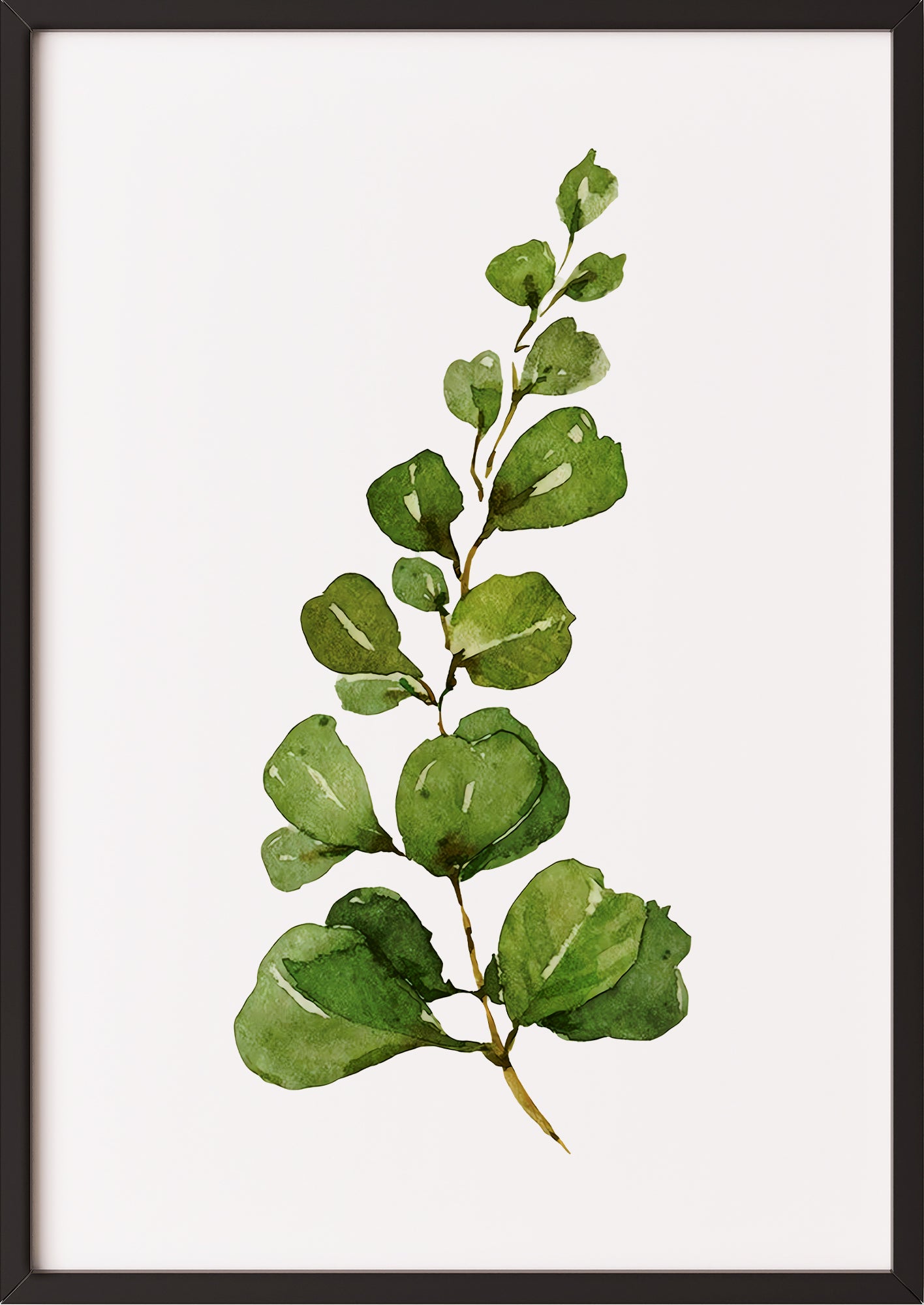 Poster mit Eukalyptuszweig im schwarzen Rahmen vor neutralem Untergrund
