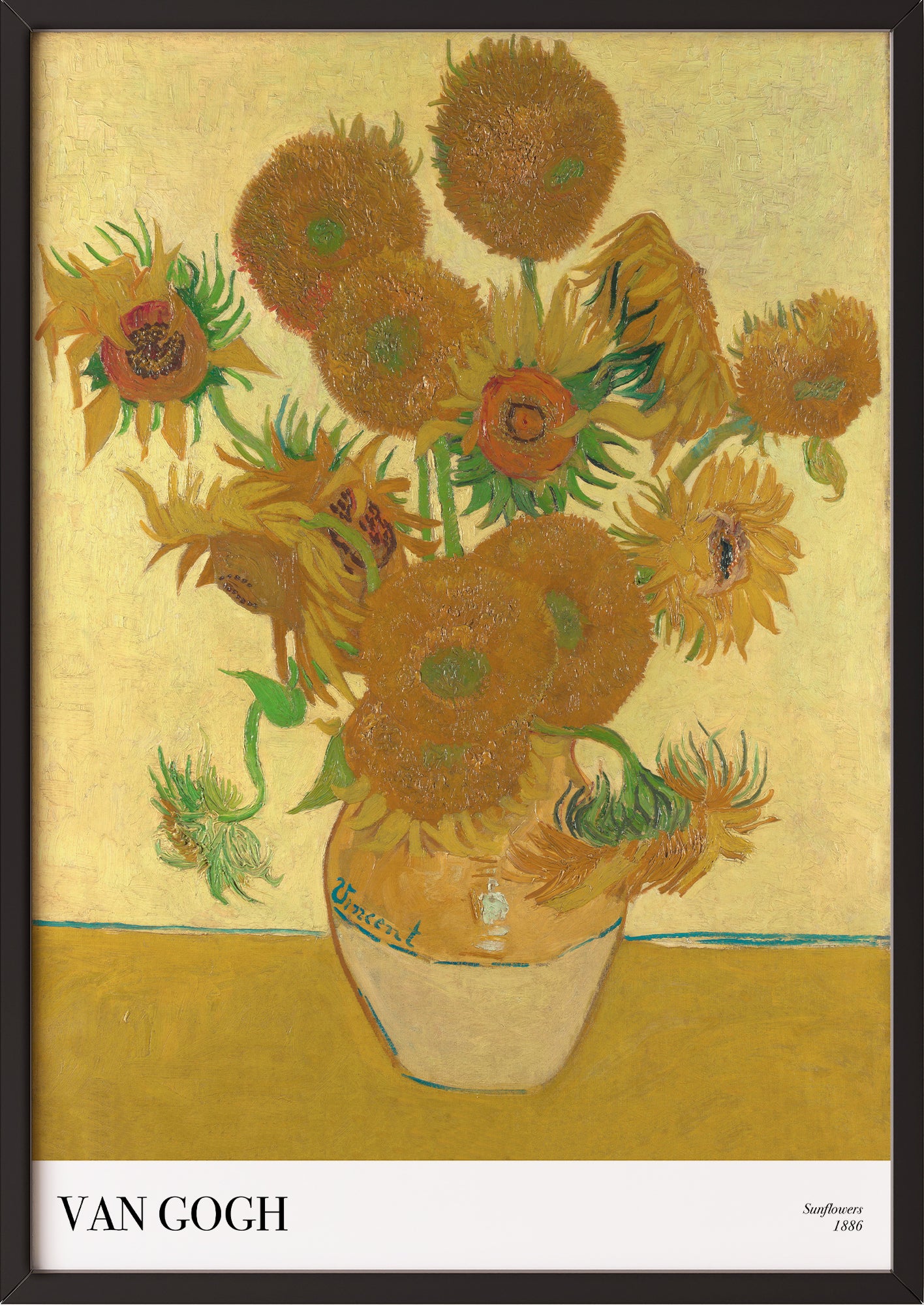 Frau hängt Sunflowers von Vincent van Gogh als Poster in schwarzem Rahmen an die Wand