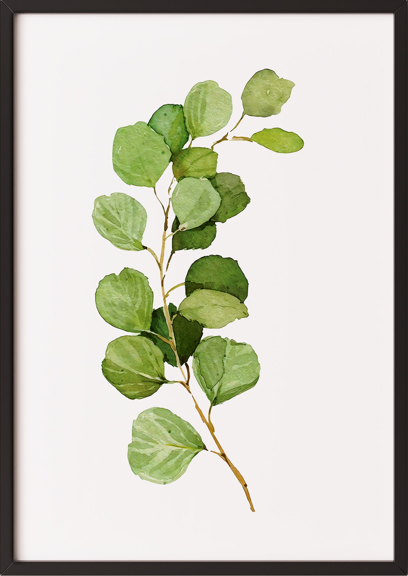 Poster mit Silver Dollar Eukalyptuszweig im schwarzen Rahmen vor neutralem Untergrund