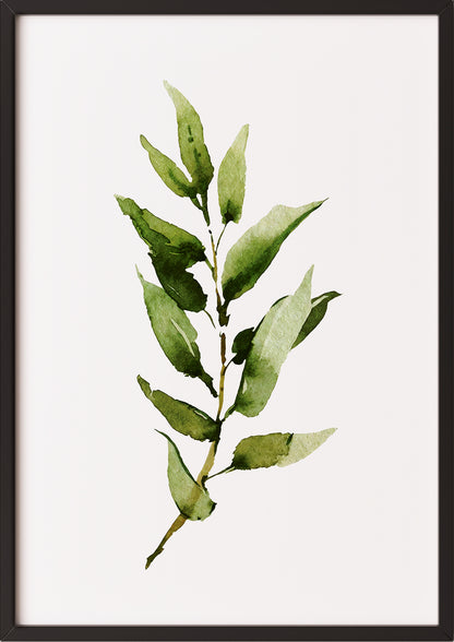 Poster mit schmalblättrigem Zweig im schwarzen Rahmen vor neutralem Untergrund