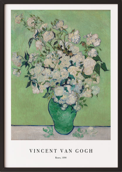 Frau hängt Roses von Vincent van Gogh als Poster in schwarzem Rahmen an die Wand