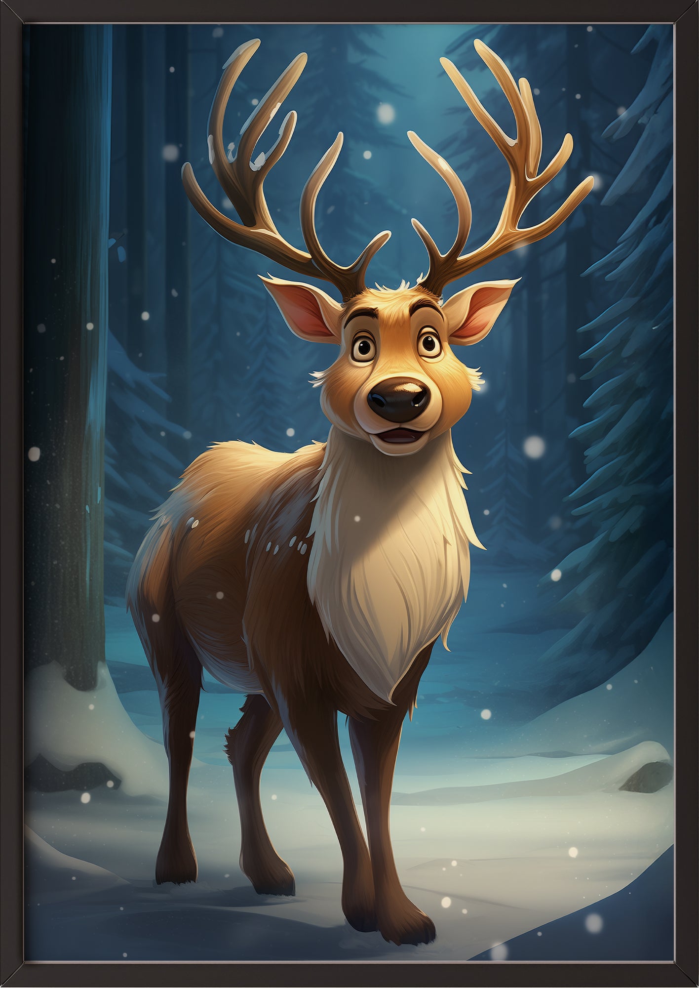 Winterliches Cartoon-Rentier im schwarzen Holzrahmen, Waldhintergrund
