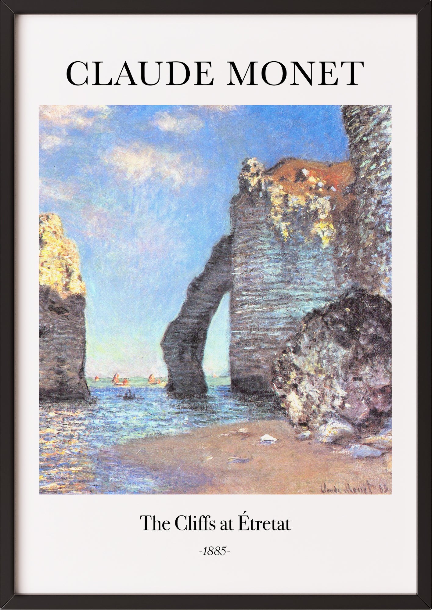 Frau hängt The Cliffs at Étretat von Claude Monet als Poster in schwarzem Rahmen an die Wand