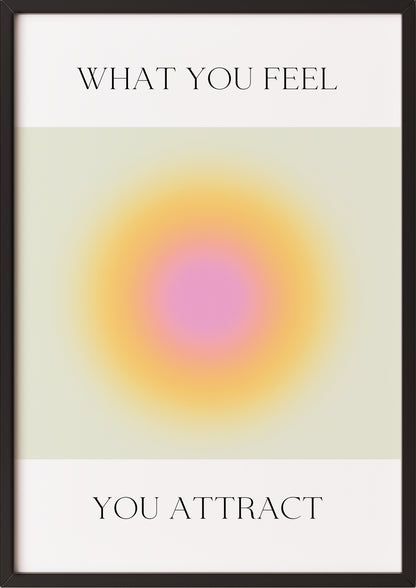 Gerahmtes Poster mit farbigem Verlauf und positiver Typografie, an Wand gelehnt