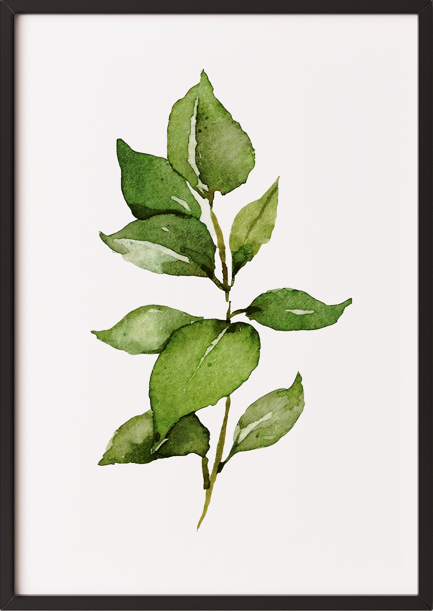 Poster mit Aquarellzweig im schwarzen Rahmen vor neutralem Untergrund