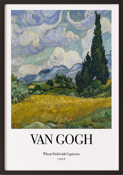 Frau hängt Wheat Field with Cypresses von Vincent van Gogh als Poster in schwarzem Rahmen an die Wand