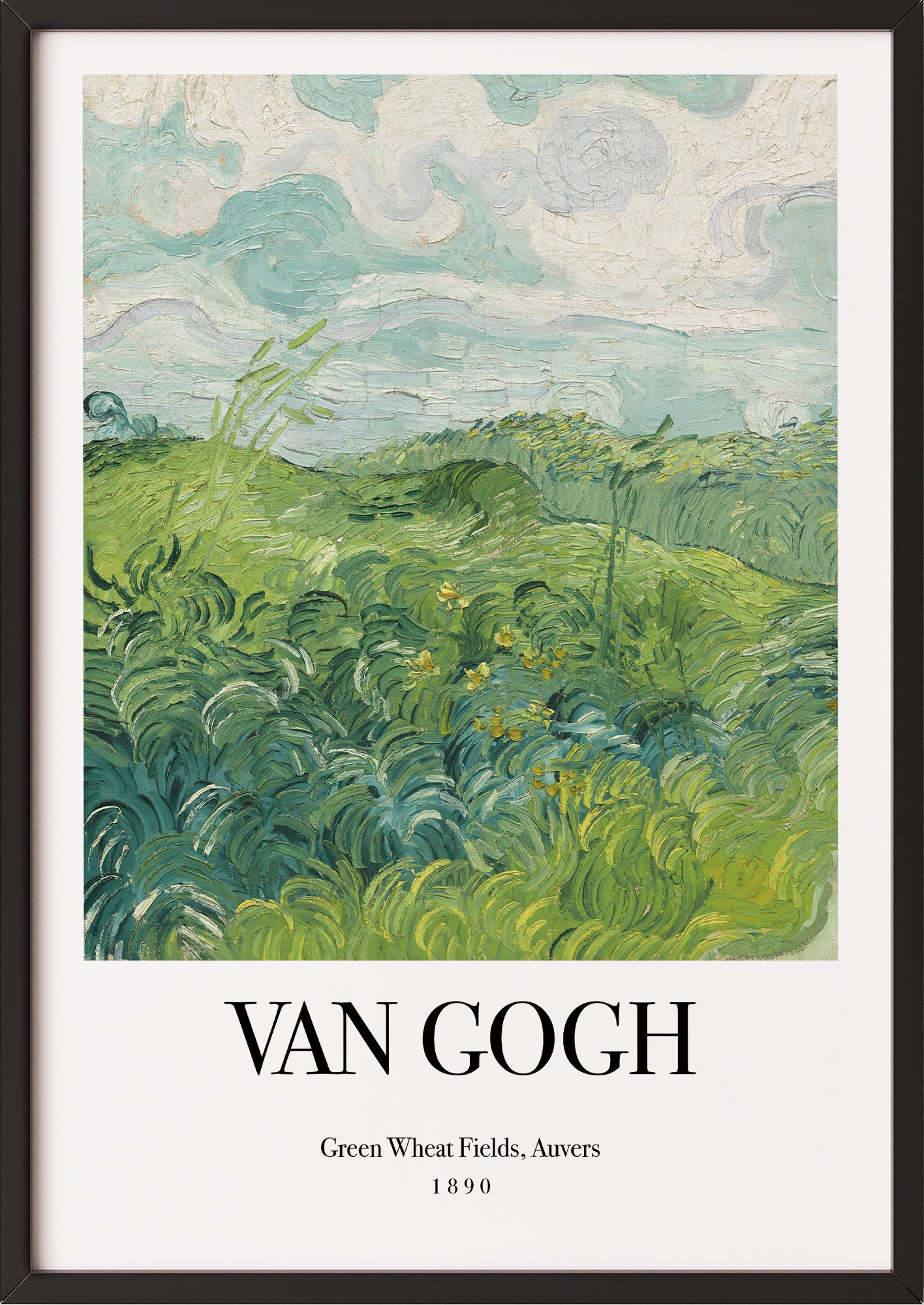 Frau hängt Green Wheat Fields, Auvers No. 2 von Vincent van Gogh als Poster in schwarzem Rahmen an die Wand