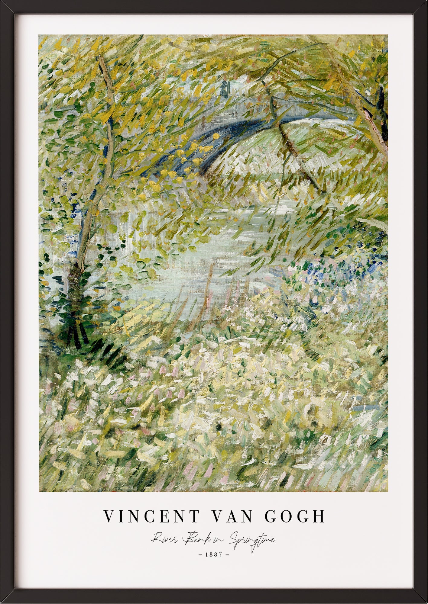 Frau hängt River Bank in Springtime von Vincent van Gogh als Poster in schwarzem Rahmen an die Wand