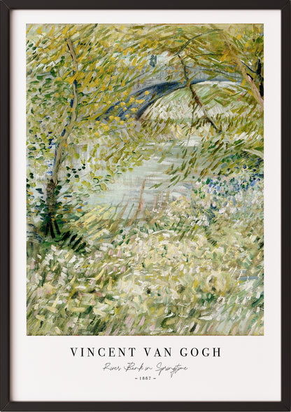 Frau hängt River Bank in Springtime von Vincent van Gogh als Poster in schwarzem Rahmen an die Wand