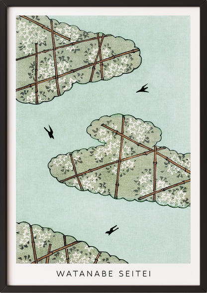 Frau hängt Sky Illustration von Watanabe Seitei als Poster in schwarzem Rahmen an die Wand