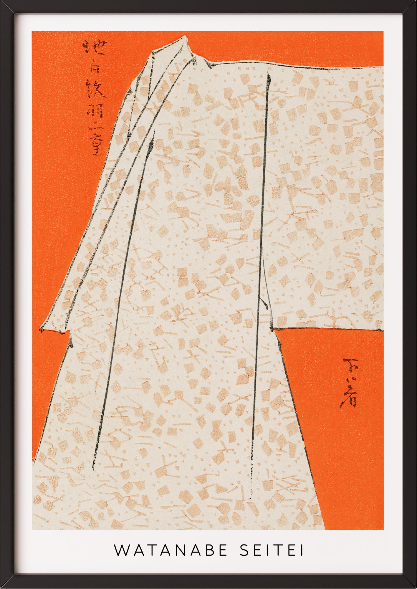 Frau hängt Japanese Robe Illustration von Watanabe Seitei als Poster in schwarzem Rahmen an die Wand