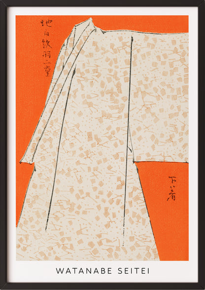 Frau hängt Japanese Robe Illustration von Watanabe Seitei als Poster in schwarzem Rahmen an die Wand