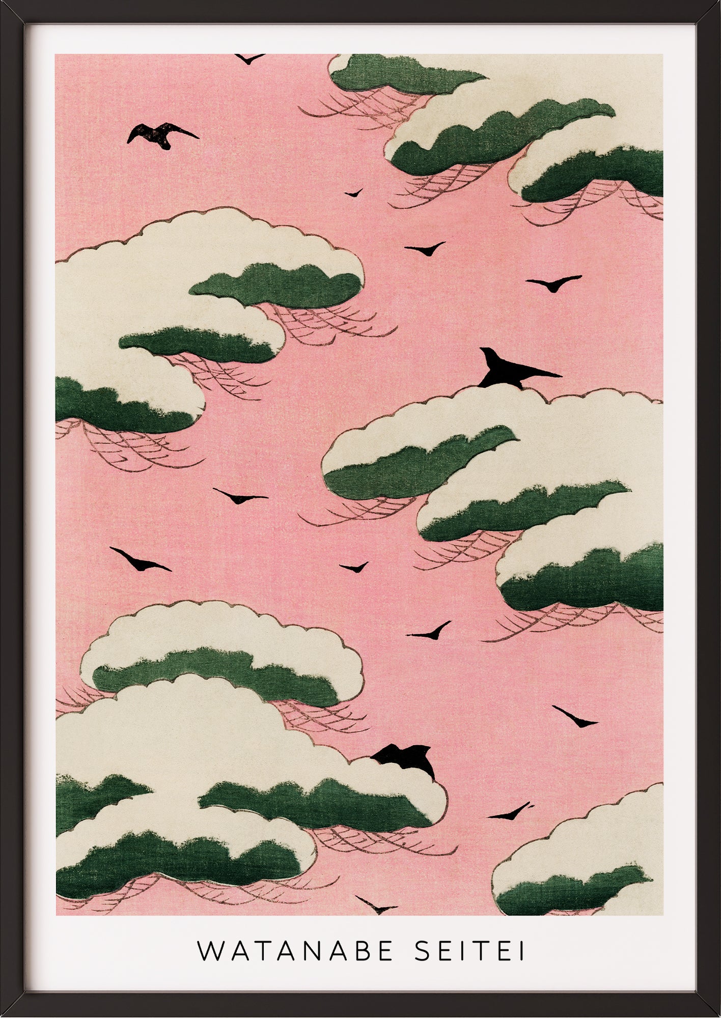 Frau hängt Pink Sky von Watanabe Seitei als Poster in schwarzem Rahmen an die Wand