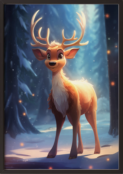 Cartoon-Rentier im goldenen Licht im schwarzen Holzrahmen, verschneite Szene