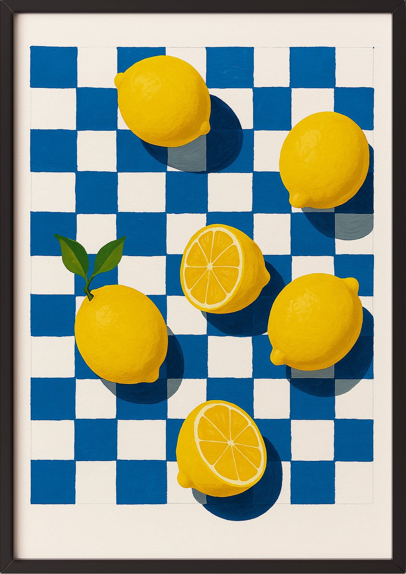 Zitronen-Aquarellposter mit Schachbrettmuster lässig an Wand gelehnt